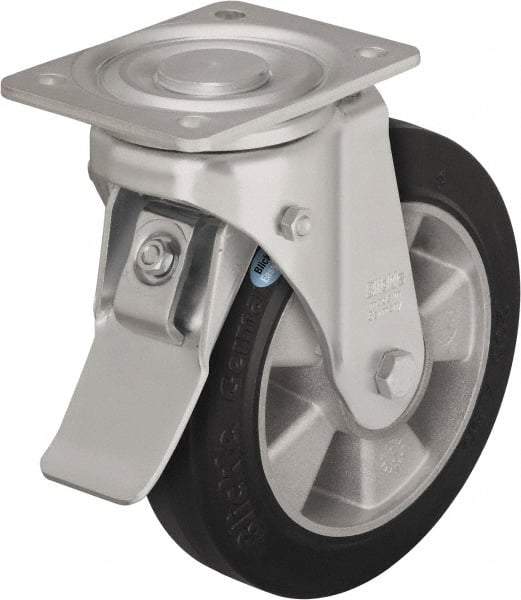 Blickle - 10" Diam x 2" Wide x 11-39/64" OAH Top Plate Mount Swivel Caster with Brake - Solid Rubber, 1,430 Lb Capacity, Ball Bearing, 5-1/2 x 4-3/8" Plate - Makers Industrial Supply