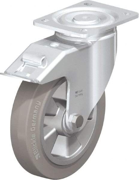 Blickle - 8" Diam x 2" Wide x 9-41/64" OAH Top Plate Mount Swivel Caster with Brake - Solid Rubber, 1,210 Lb Capacity, Ball Bearing, 5-1/2 x 4-3/8" Plate - Makers Industrial Supply