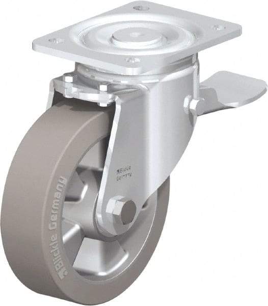 Blickle - 6-1/2" Diam x 2" Wide x 7-61/64" OAH Top Plate Mount Swivel Caster with Brake - Solid Rubber, 880 Lb Capacity, Ball Bearing, 5-1/2 x 4-3/8" Plate - Makers Industrial Supply