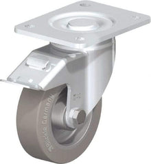 Blickle - 5" Diam x 1-9/16" Wide x 6-1/2" OAH Top Plate Mount Swivel Caster with Brake - Solid Rubber, 550 Lb Capacity, Ball Bearing, 5-1/2 x 4-3/8" Plate - Makers Industrial Supply