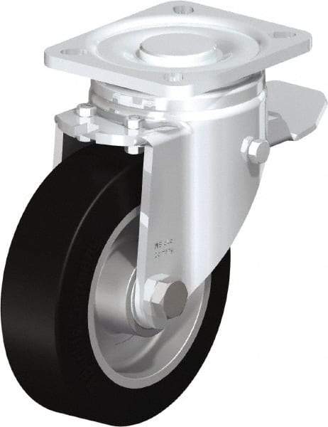 Blickle - 5" Diam x 1-9/16" Wide x 6-1/2" OAH Top Plate Mount Swivel Caster with Brake - Solid Rubber, 550 Lb Capacity, Ball Bearing, 3-15/16 x 3-3/8" Plate - Makers Industrial Supply