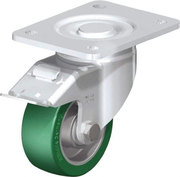 Blickle - 4" Diam x 1-9/16" Wide x 5-33/64" OAH Top Plate Mount Swivel Caster with Brake - Polyurethane-Elastomer Blickle Softhane, 660 Lb Capacity, Ball Bearing, 5-1/2 x 4-3/8" Plate - Makers Industrial Supply