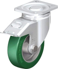 Blickle - 5" Diam x 1-9/16" Wide x 6-1/2" OAH Top Plate Mount Swivel Caster with Brake - Polyurethane-Elastomer Blickle Softhane, 770 Lb Capacity, Ball Bearing, 3-15/16 x 3-3/8" Plate - Makers Industrial Supply