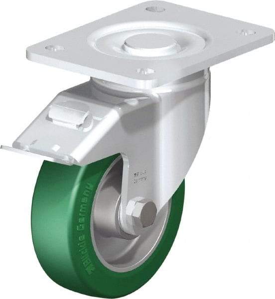 Blickle - 5" Diam x 1-9/16" Wide x 6-1/2" OAH Top Plate Mount Swivel Caster with Brake - Polyurethane-Elastomer Blickle Softhane, 770 Lb Capacity, Ball Bearing, 5-1/2 x 4-3/8" Plate - Makers Industrial Supply