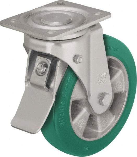 Blickle - 8" Diam x 1-31/32" Wide x 9-21/32" OAH Top Plate Mount Swivel Caster with Brake - Polyurethane-Elastomer Blickle Softhane, 1,980 Lb Capacity, Ball Bearing, 5-1/2 x 4-3/8" Plate - Makers Industrial Supply