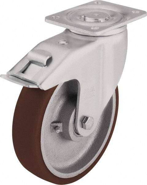 Blickle - 6-1/2" Diam x 1-31/32" Wide x 7-61/64" OAH Top Plate Mount Swivel Caster with Brake - Polyurethane-Elastomer Blickle Softhane, 1,760 Lb Capacity, Ball Bearing, 5-1/2 x 4-3/8" Plate - Makers Industrial Supply