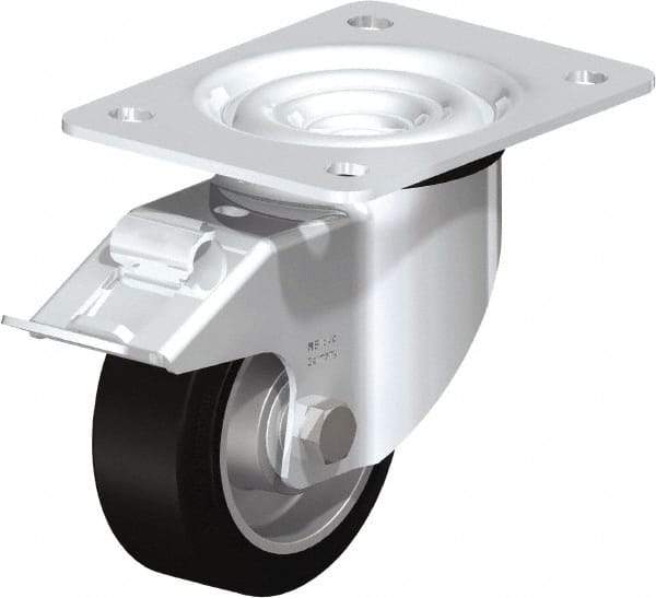 Blickle - 4" Diam x 1-37/64" Wide x 5-7/64" OAH Top Plate Mount Swivel Caster with Brake - Solid Rubber, 440 Lb Capacity, Ball Bearing, 5-1/2 x 4-3/8" Plate - Makers Industrial Supply