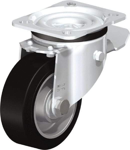 Blickle - 4" Diam x 1-37/64" Wide x 5-7/64" OAH Top Plate Mount Swivel Caster with Brake - Solid Rubber, 440 Lb Capacity, Ball Bearing, 3-15/16 x 3-3/8" Plate - Makers Industrial Supply