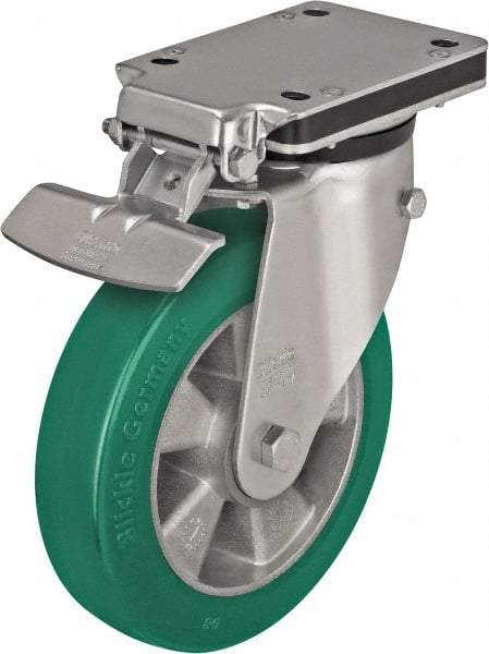 Blickle - 6-1/2" Diam x 2" Wide x 10-5/16" OAH Top Plate Mount Swivel Caster with Brake - Polyurethane-Elastomer Blickle Softhane, 1,210 Lb Capacity, Ball Bearing, 5-1/2 x 4-3/8" Plate - Makers Industrial Supply