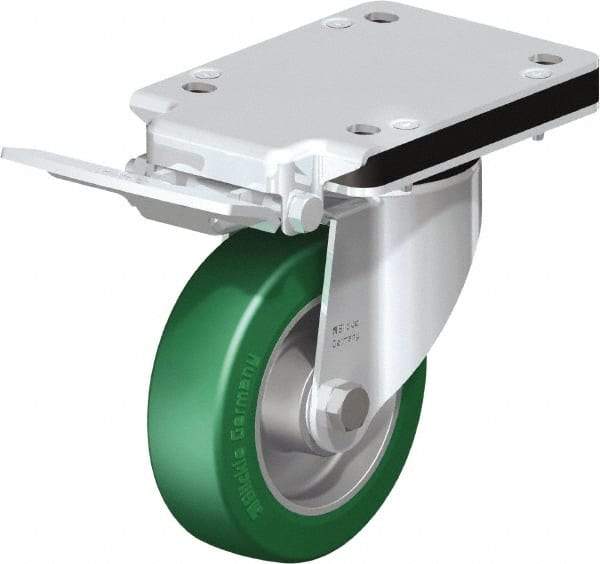 Blickle - 5" Diam x 1-37/64" Wide x 10-5/16" OAH Top Plate Mount Swivel Caster with Brake - Polyurethane-Elastomer Blickle Softhane, 770 Lb Capacity, Ball Bearing, 5-1/2 x 4-3/8" Plate - Makers Industrial Supply