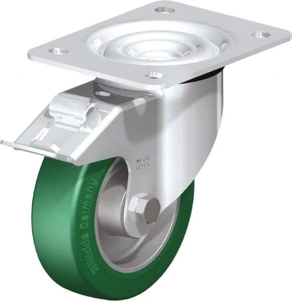 Blickle - 5" Diam x 1-37/64" Wide x 6-7/64" OAH Top Plate Mount Swivel Caster with Brake - Polyurethane-Elastomer Blickle Softhane, 770 Lb Capacity, Ball Bearing, 5-1/2 x 4-3/8" Plate - Makers Industrial Supply