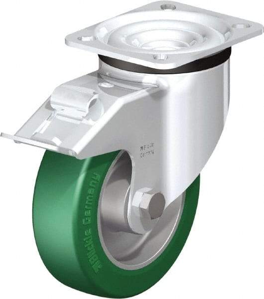 Blickle - 5" Diam x 1-37/64" Wide x 6-7/64" OAH Top Plate Mount Swivel Caster with Brake - Polyurethane-Elastomer Blickle Softhane, 770 Lb Capacity, Ball Bearing, 3-15/16 x 3-3/8" Plate - Makers Industrial Supply