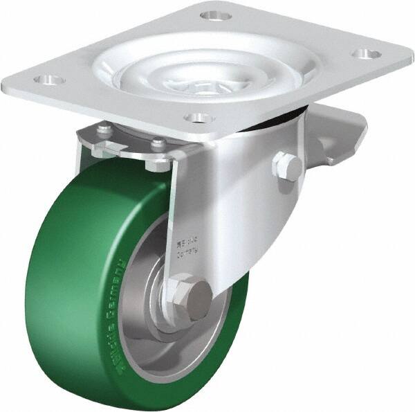 Blickle - 4" Diam x 1-37/64" Wide x 5-7/64" OAH Top Plate Mount Swivel Caster with Brake - Polyurethane-Elastomer Blickle Softhane, 660 Lb Capacity, Ball Bearing, 5-1/2 x 4-3/8" Plate - Makers Industrial Supply