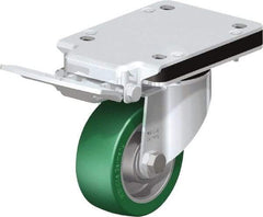 Blickle - 4" Diam x 1-37/64" Wide x 10-5/16" OAH Top Plate Mount Swivel Caster with Brake - Polyurethane-Elastomer Blickle Softhane, 660 Lb Capacity, Ball Bearing, 5-1/2 x 4-3/8" Plate - Makers Industrial Supply