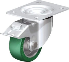 Blickle - 4" Diam x 1-37/64" Wide x 5-7/64" OAH Top Plate Mount Swivel Caster with Brake - Polyurethane-Elastomer Blickle Softhane, 660 Lb Capacity, Ball Bearing, 5-1/2 x 4-3/8" Plate - Makers Industrial Supply