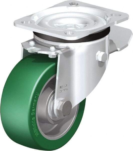 Blickle - 4" Diam x 1-37/64" Wide x 5-7/64" OAH Top Plate Mount Swivel Caster with Brake - Polyurethane-Elastomer Blickle Softhane, 660 Lb Capacity, Ball Bearing, 3-15/16 x 3-3/8" Plate - Makers Industrial Supply