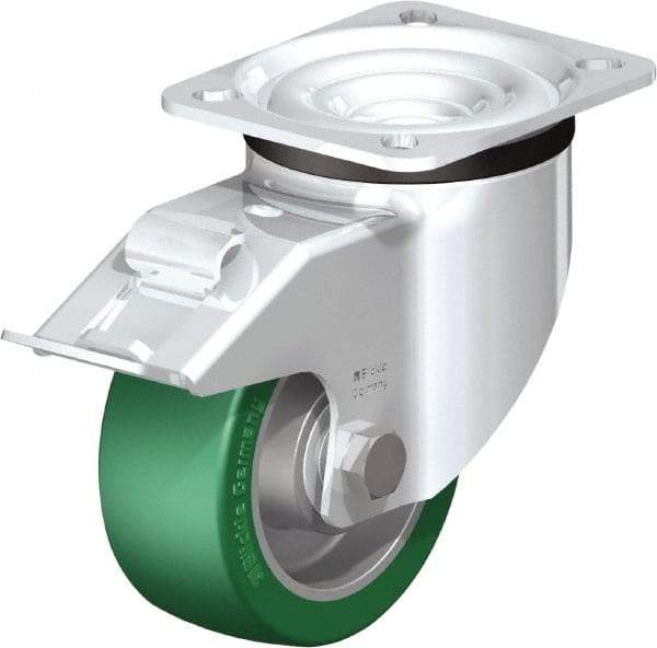 Blickle - 4" Diam x 1-37/64" Wide x 5-7/64" OAH Top Plate Mount Swivel Caster with Brake - Polyurethane-Elastomer Blickle Softhane, 660 Lb Capacity, Ball Bearing, 3-15/16 x 3-3/8" Plate - Makers Industrial Supply