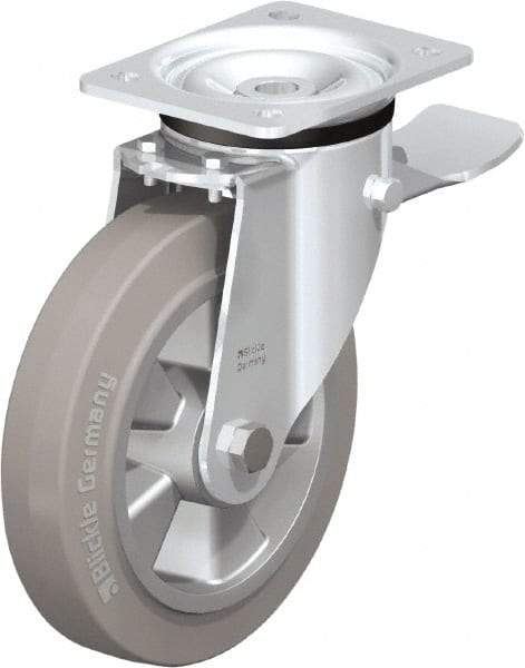 Blickle - 8" Diam x 1-31/32" Wide x 9-41/64" OAH Top Plate Mount Swivel Caster with Brake - Solid Rubber, 1,100 Lb Capacity, Ball Bearing, 5-1/2 x 4-3/8" Plate - Makers Industrial Supply