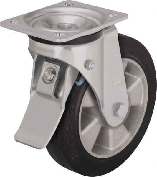 Blickle - 5" Diam x 1-31/32" Wide x 6-11/16" OAH Top Plate Mount Swivel Caster with Brake - Solid Rubber, 594 Lb Capacity, Ball Bearing, 5-1/2 x 4-3/8" Plate - Makers Industrial Supply