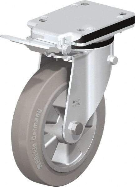 Blickle - 8" Diam x 1-31/32" Wide x 10-5/16" OAH Top Plate Mount Swivel Caster with Brake - Solid Rubber, 1,100 Lb Capacity, Ball Bearing, 5-1/2 x 4-3/8" Plate - Makers Industrial Supply