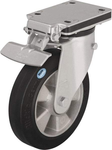 Blickle - 8" Diam x 1-31/32" Wide x 10-5/16" OAH Top Plate Mount Swivel Caster with Brake - Solid Rubber, 1,100 Lb Capacity, Ball Bearing, 5-1/2 x 4-3/8" Plate - Makers Industrial Supply