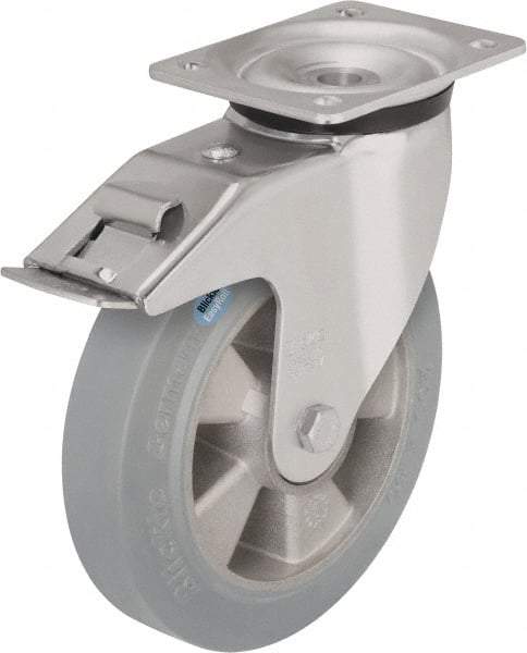 Blickle - 6-1/2" Diam x 1-31/32" Wide x 7-61/64" OAH Top Plate Mount Swivel Caster with Brake - Solid Rubber, 880 Lb Capacity, Ball Bearing, 5-1/2 x 4-3/8" Plate - Makers Industrial Supply