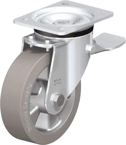 Blickle - 6-1/2" Diam x 1-31/32" Wide x 7-61/64" OAH Top Plate Mount Swivel Caster with Brake - Solid Rubber, 880 Lb Capacity, Ball Bearing, 5-1/2 x 4-3/8" Plate - Makers Industrial Supply