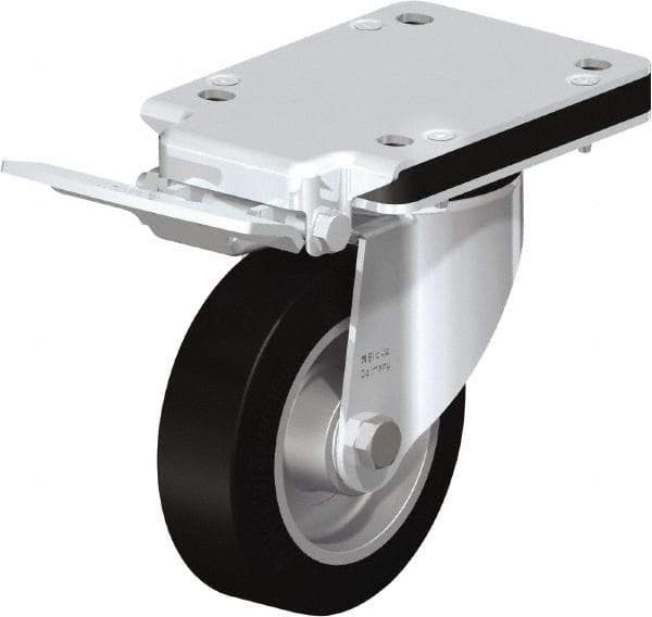 Blickle - 5" Diam x 1-37/64" Wide x 7-49/64" OAH Top Plate Mount Swivel Caster with Brake - Solid Rubber, 550 Lb Capacity, Ball Bearing, 5-1/2 x 4-3/8" Plate - Makers Industrial Supply