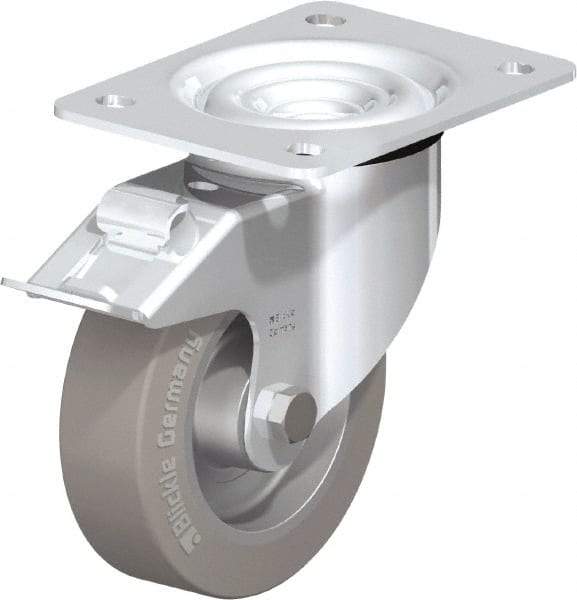 Blickle - 5" Diam x 1-37/64" Wide x 6-7/64" OAH Top Plate Mount Swivel Caster with Brake - Solid Rubber, 550 Lb Capacity, Ball Bearing, 5-1/2 x 4-3/8" Plate - Makers Industrial Supply