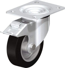 Blickle - 5" Diam x 1-37/64" Wide x 6-7/64" OAH Top Plate Mount Swivel Caster with Brake - Solid Rubber, 550 Lb Capacity, Ball Bearing, 5-1/2 x 4-3/8" Plate - Makers Industrial Supply