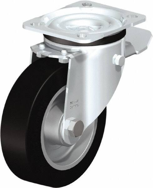 Blickle - 5" Diam x 1-37/64" Wide x 6-7/64" OAH Top Plate Mount Swivel Caster with Brake - Solid Rubber, 550 Lb Capacity, Ball Bearing, 3-15/16 x 3-3/8" Plate - Makers Industrial Supply