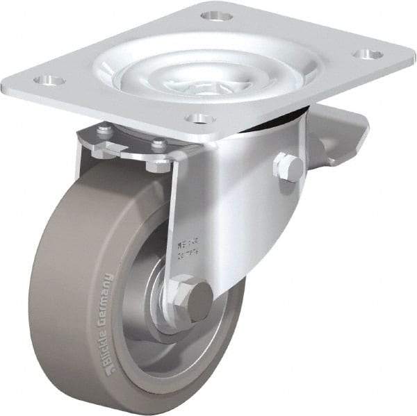 Blickle - 4" Diam x 1-37/64" Wide x 5-7/64" OAH Top Plate Mount Swivel Caster with Brake - Solid Rubber, 440 Lb Capacity, Ball Bearing, 5-1/2 x 4-3/8" Plate - Makers Industrial Supply