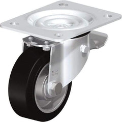 Blickle - 4" Diam x 1-37/64" Wide x 5-7/64" OAH Top Plate Mount Swivel Caster with Brake - Solid Rubber, 440 Lb Capacity, Ball Bearing, 5-1/2 x 4-3/8" Plate - Makers Industrial Supply