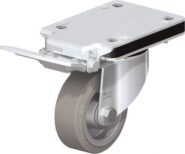 Blickle - 4" Diam x 1-37/64" Wide x 5-5/32" OAH Top Plate Mount Swivel Caster with Brake - Solid Rubber, 440 Lb Capacity, Ball Bearing, 5-1/2 x 4-3/8" Plate - Makers Industrial Supply