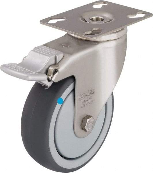 Blickle - 3" Diam x 1-1/4" Wide x 4-3/8" OAH Top Plate Mount Swivel Caster with Brake - Thermoplastic Rubber Elastomer (TPE), 220 Lb Capacity, Ball Bearing, 3-9/16 x 2-5/8" Plate - Makers Industrial Supply