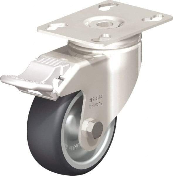 Blickle - 3" Diam x 1-1/4" Wide x 4-3/8" OAH Top Plate Mount Swivel Caster with Brake - Thermoplastic Rubber Elastomer (TPE), 220 Lb Capacity, Plain Bore Bearing, 3-9/16 x 2-5/8" Plate - Makers Industrial Supply