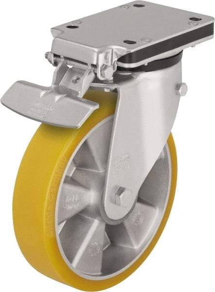 Blickle - 5" Diam x 1-9/16" Wide x 6-49/64" OAH Top Plate Mount Swivel Caster with Brake - Polyurethane-Elastomer Blickle Extrathane, 770 Lb Capacity, Ball Bearing, 5-1/2 x 4-3/8" Plate - Makers Industrial Supply