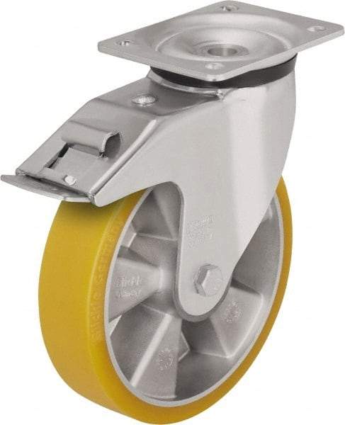 Blickle - 6-1/2" Diam x 1-31/32" Wide x 7-61/64" OAH Top Plate Mount Swivel Caster with Brake - Polyurethane-Elastomer Blickle Extrathane, 1,210 Lb Capacity, Ball Bearing, 5-1/2 x 4-3/8" Plate - Makers Industrial Supply