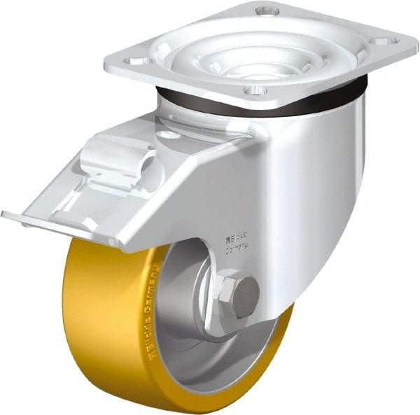 Blickle - 4" Diam x 1-9/16" Wide x 5-7/64" OAH Top Plate Mount Swivel Caster with Brake - Polyurethane-Elastomer Blickle Extrathane, 550 Lb Capacity, Ball Bearing, 3-15/16 x 3-3/8" Plate - Makers Industrial Supply