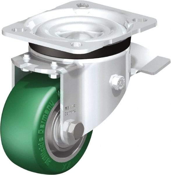 Blickle - 3" Diam x 1-9/16" Wide x 4-21/64" OAH Top Plate Mount Swivel Caster with Brake - Polyurethane-Elastomer Blickle Softhane, 506 Lb Capacity, Ball Bearing, 3-15/16 x 3-3/8" Plate - Makers Industrial Supply