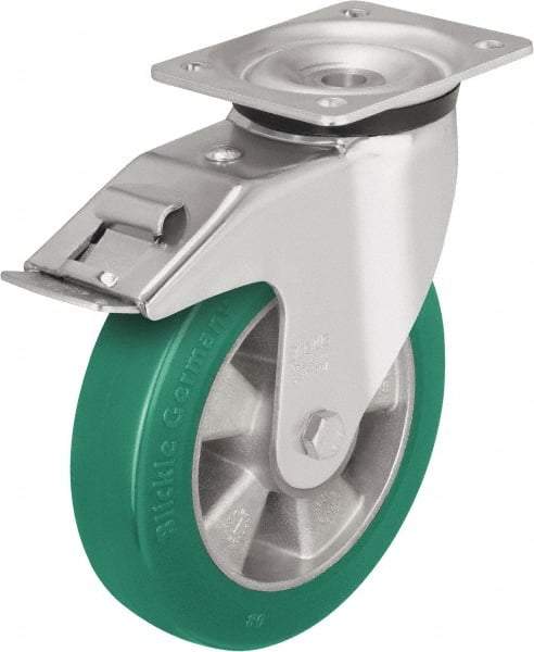 Blickle - 6-1/2" Diam x 2" Wide x 7-61/64" OAH Top Plate Mount Swivel Caster with Brake - Polyurethane-Elastomer Blickle Softhane, 1,210 Lb Capacity, Ball Bearing, 5-1/2 x 4-3/8" Plate - Makers Industrial Supply