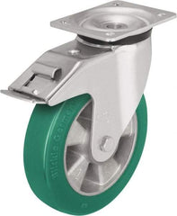 Blickle - 6" Diam x 2-1/8" Wide x 7-3/4" OAH Top Plate Mount Swivel Caster with Brake - Polyurethane-Elastomer Blickle Softhane, 1,100 Lb Capacity, Ball Bearing, 5-1/2 x 4-3/8" Plate - Makers Industrial Supply