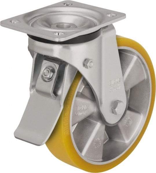 Blickle - 5" Diam x 1-9/16" Wide x 6-7/64" OAH Top Plate Mount Swivel Caster with Brake - Polyurethane-Elastomer Blickle Extrathane, 770 Lb Capacity, Ball Bearing, 5-1/2 x 4-3/8" Plate - Makers Industrial Supply