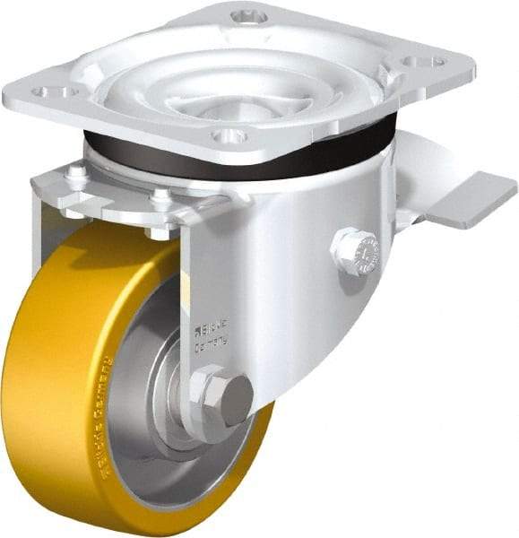 Blickle - 3" Diam x 1-11/64" Wide x 4-21/64" OAH Top Plate Mount Swivel Caster with Brake - Polyurethane-Elastomer Blickle Extrathane, 396 Lb Capacity, Ball Bearing, 3-15/16 x 3-3/8" Plate - Makers Industrial Supply