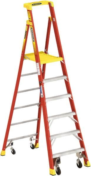 Werner - 5 Steps, 6'9" High, Type IA Rating, Fiberglass Step Ladder - 300 Lb Capacity, 31-1/4" Base Width - Makers Industrial Supply