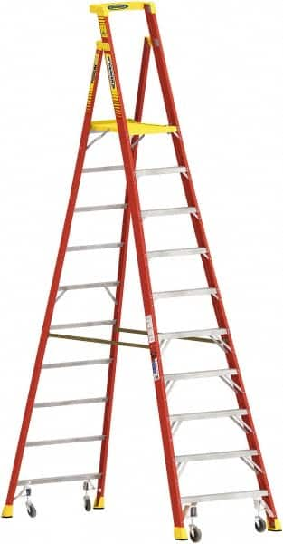 Werner - 9 Steps, 12' High, Type IA Rating, Fiberglass Step Ladder - 300 Lb Capacity, 38-3/4" Base Width - Makers Industrial Supply