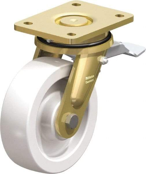 Blickle - 6-1/2" Diam x 1-31/32" Wide x 8-1/16" OAH Top Plate Mount Swivel Caster with Brake - Impact-Resistant Nylon, 1,870 Lb Capacity, Plain Bore Bearing, 5-1/2 x 4-3/8" Plate - Makers Industrial Supply