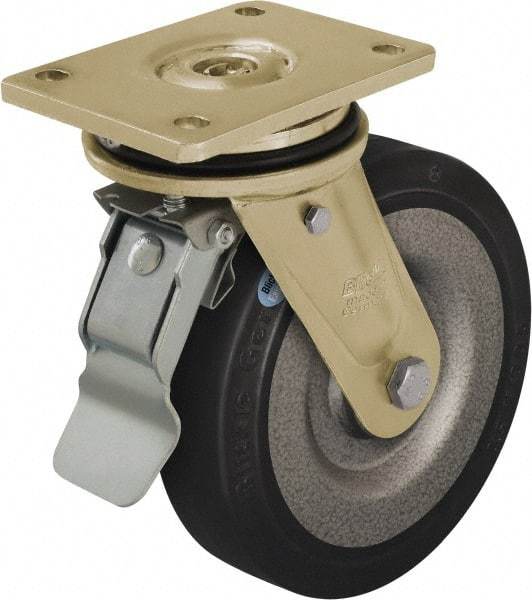 Blickle - 8" Diam x 1-31/32" Wide x 9-41/64" OAH Top Plate Mount Swivel Caster with Brake - Solid Rubber, 1,320 Lb Capacity, Ball Bearing, 5-1/2 x 4-3/8" Plate - Makers Industrial Supply