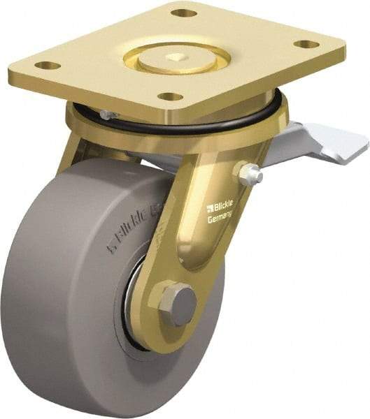 Blickle - 5" Diam x 1-31/32" Wide x 6-11/16" OAH Top Plate Mount Swivel Caster with Brake - Solid Rubber, 704 Lb Capacity, Ball Bearing, 5-1/2 x 4-3/8" Plate - Makers Industrial Supply