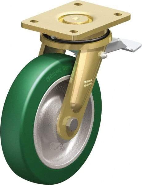 Blickle - 8" Diam x 1-31/32" Wide x 9-41/64" OAH Top Plate Mount Swivel Caster with Brake - Polyurethane-Elastomer Blickle Softhane, 1,760 Lb Capacity, Ball Bearing, 5-1/2 x 4-3/8" Plate - Makers Industrial Supply